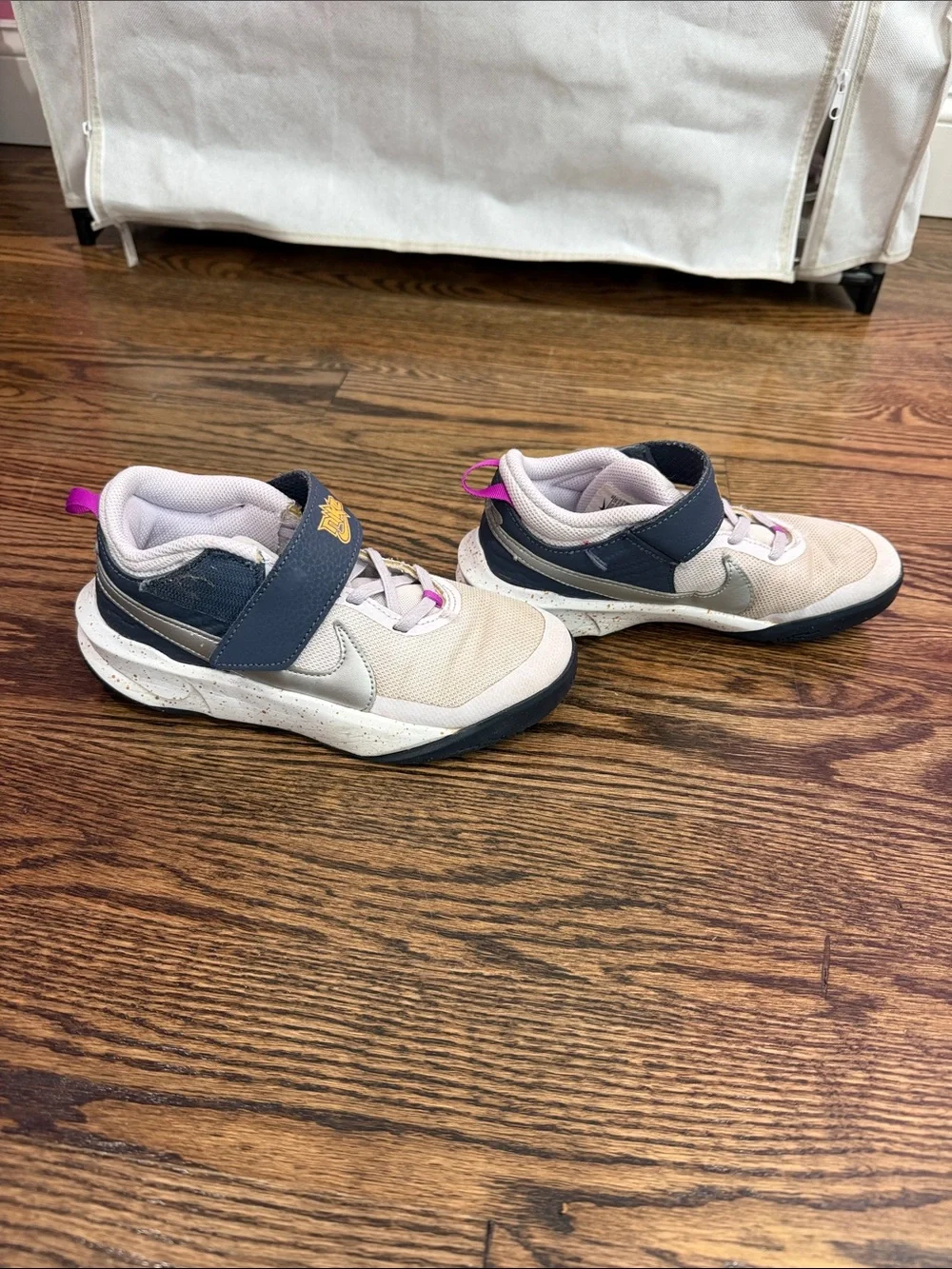 Nike Kids Light Pink and Navy Velcro Sneakers with Silver Swoosh